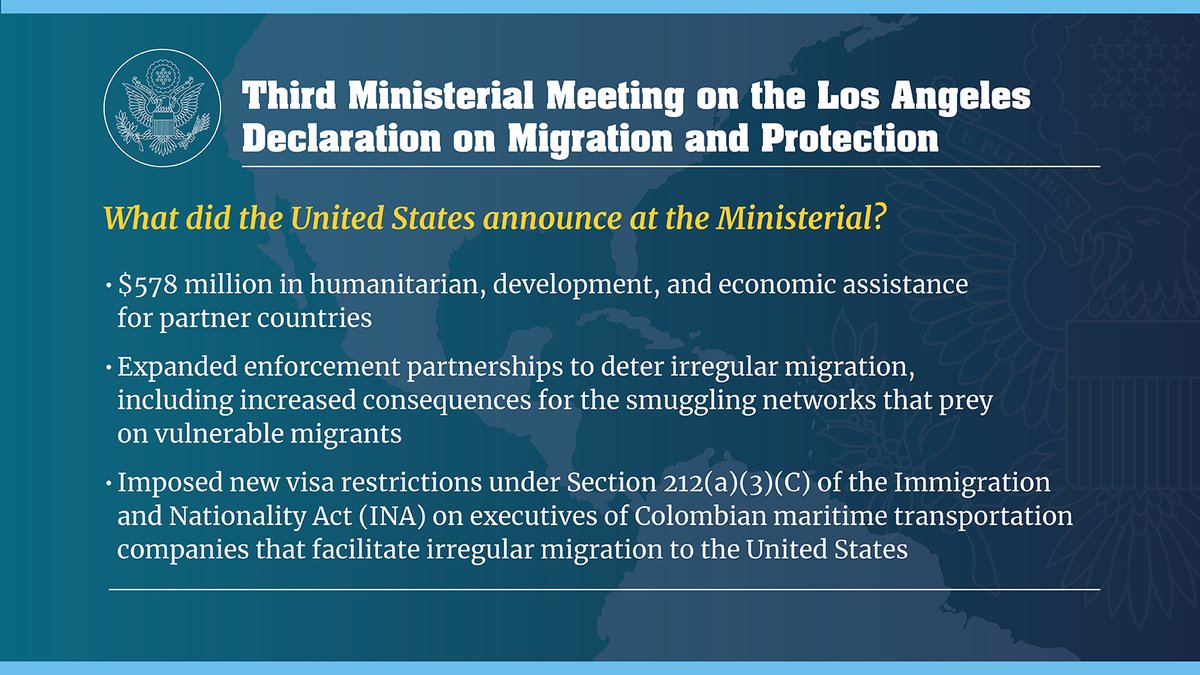 Since the adoption of the Los Angeles Declaration in 2022, 🇺🇸 has reaffirmed our shared responsibility to address unprecedented levels of human mobility + advanced innovative, collaborative responses to the challenges & opportunities migration presents. Our recent announcements: