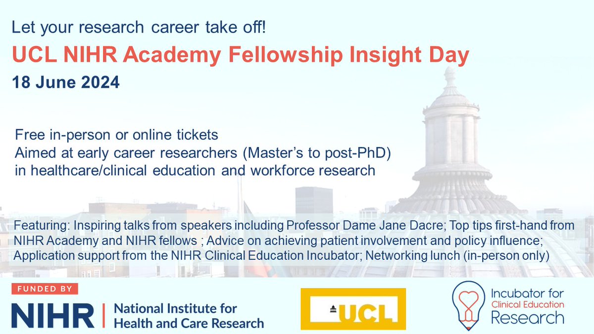 Getting an @NIHRresearch fellowship transformed my career. That's why I'm so excited about this event on 18 June, which we've designed to help people get fellowships! Book here: eventbrite.co.uk/e/boost-your-c… Please share with clinical/healthcare education and workforce researchers!