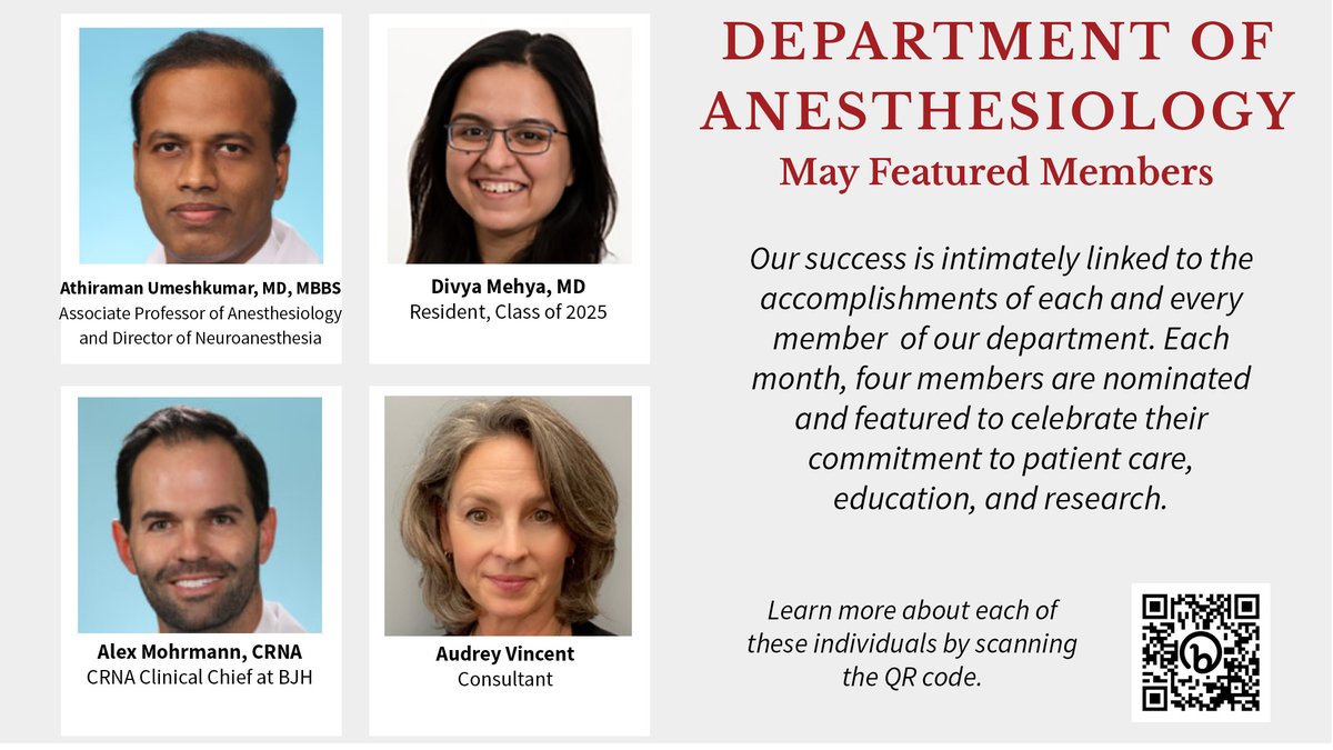 Congratulations to Umesh, Divya, Alex & Audrey for being selected as #WashUanesthesiology featured members for May! Your dedication and contributions to the department are truly appreciated. Thank you for all that you do! anesthesiology.wustl.edu/featured-anest…