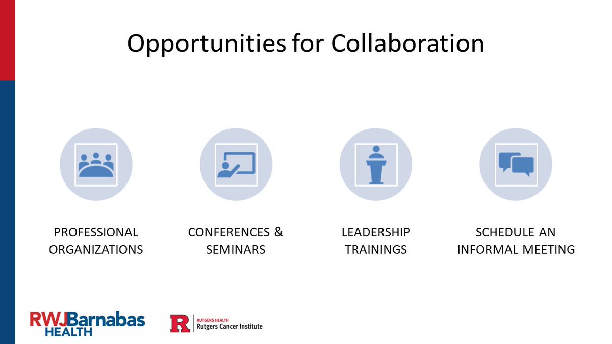 In today’s OCS New Investigator’s Series webinar, Dr. Katie Devine of @RWJMS & @RutgersCancer shares opportunities for collaboration, such as joining professional organizations, attending conferences & trainings, & scheduling meetings with researchers & other professionals.