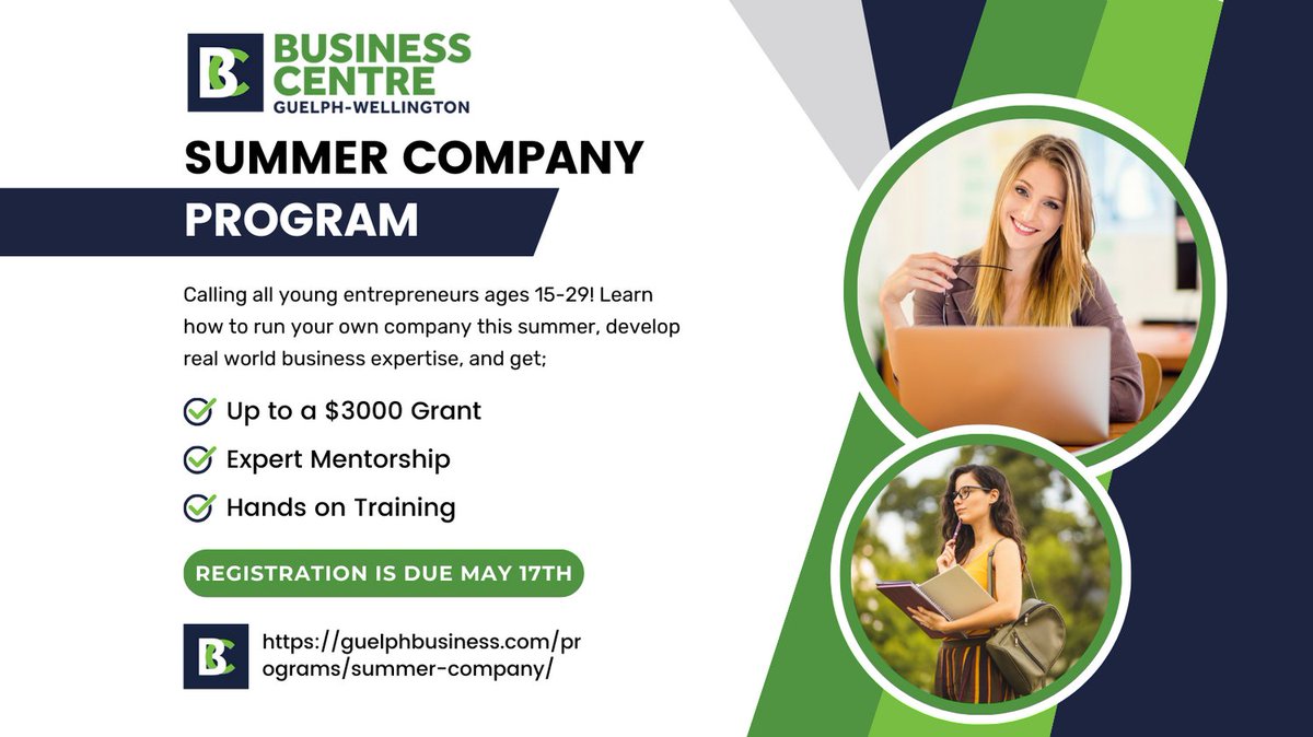 Calling all young entrepreneurs ages 15-29 📢 Do you want to be your own boss this summer 🤔 Put your skills to the test with the Summer Company Program 🤩

APPLICATIONS END May 17th 😱 Visit the link below to apply👇

guelphbusiness.com/programs/summe…

#student #youngentrepreneur #guelph