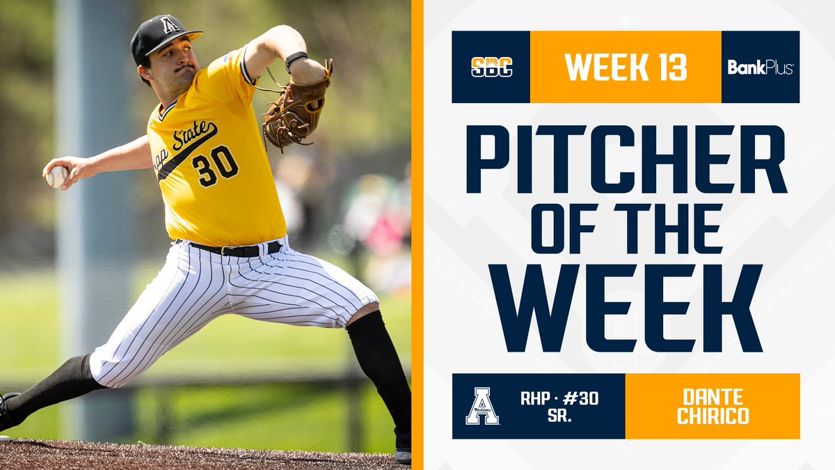 𝗗𝗔𝗡𝗧𝗘'𝗦 𝗜𝗡𝗙𝗘𝗥𝗡𝗢. @AppBaseball senior right-handed pitcher Dante Chirico strikes out eight over a career-high 8.0 innings pitched in a series-clinching victory to earn the Sun Belt Pitcher of the Week award, presented by @BankPlus. ☀️⚾️ 📰 » sunbelt.me/4bhqmpM