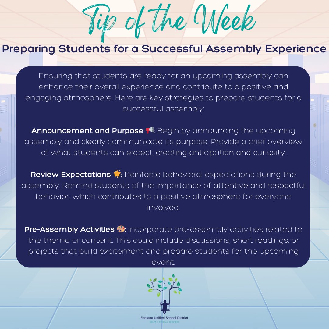 🎓✨ #TuesdayTip: Help students get the most out of assemblies! Prep them by discussing the topics beforehand, setting expectations, and encouraging questions. Engage early for a richer experience! 🗣️📚 #StudentSuccess #EducationTips