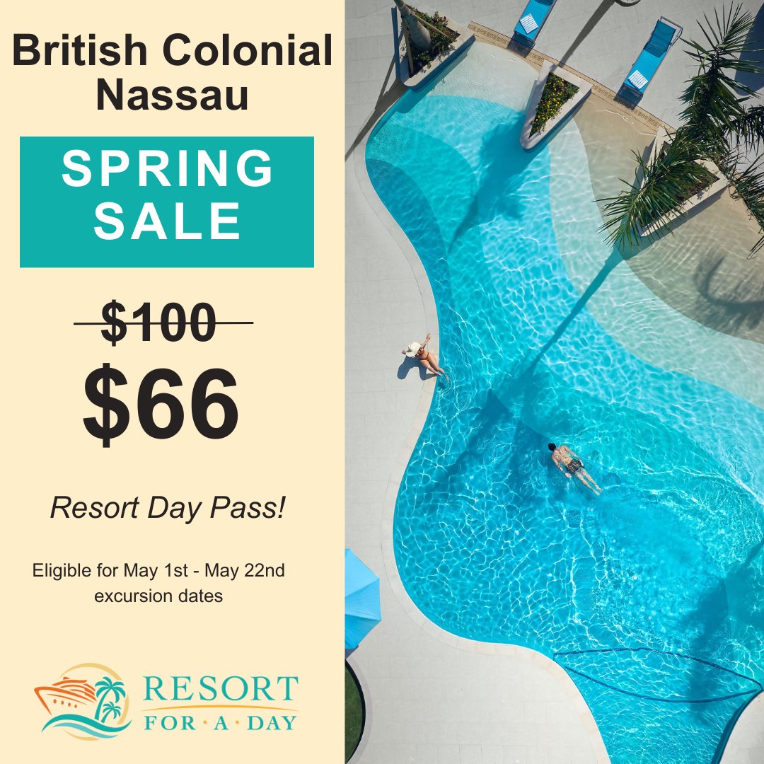 Spring Sale!
Get your day pass to the British Colonial Hotel. 🏝️ Enjoy our completely renovated pool and beach area with 2 pools  and an expanded beach!  Located just a 10-minute walk from the cruise pier.

Get this deal at the link in our bio!

 #SpringSale #BritishColonial
