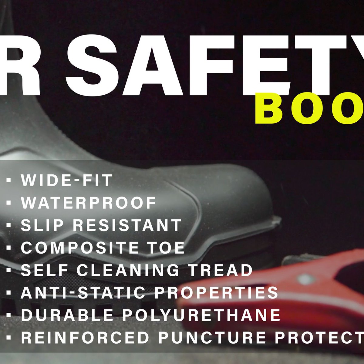 • Composite Toe
• One-Piece Construction
• Durable Polyurethane Material
• Wide-Fit
• Self Cleaning Tread
• Slip Resistant
• Waterproof
• Reinforced Puncture Protection
• Anti-Static Properties