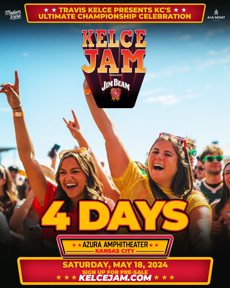 Only 4️⃣ days away from the KC’s biggest music festival and the ultimate kickoff to summer with @tkelce! Tickets will sell out - get yours now at KelceJam.com