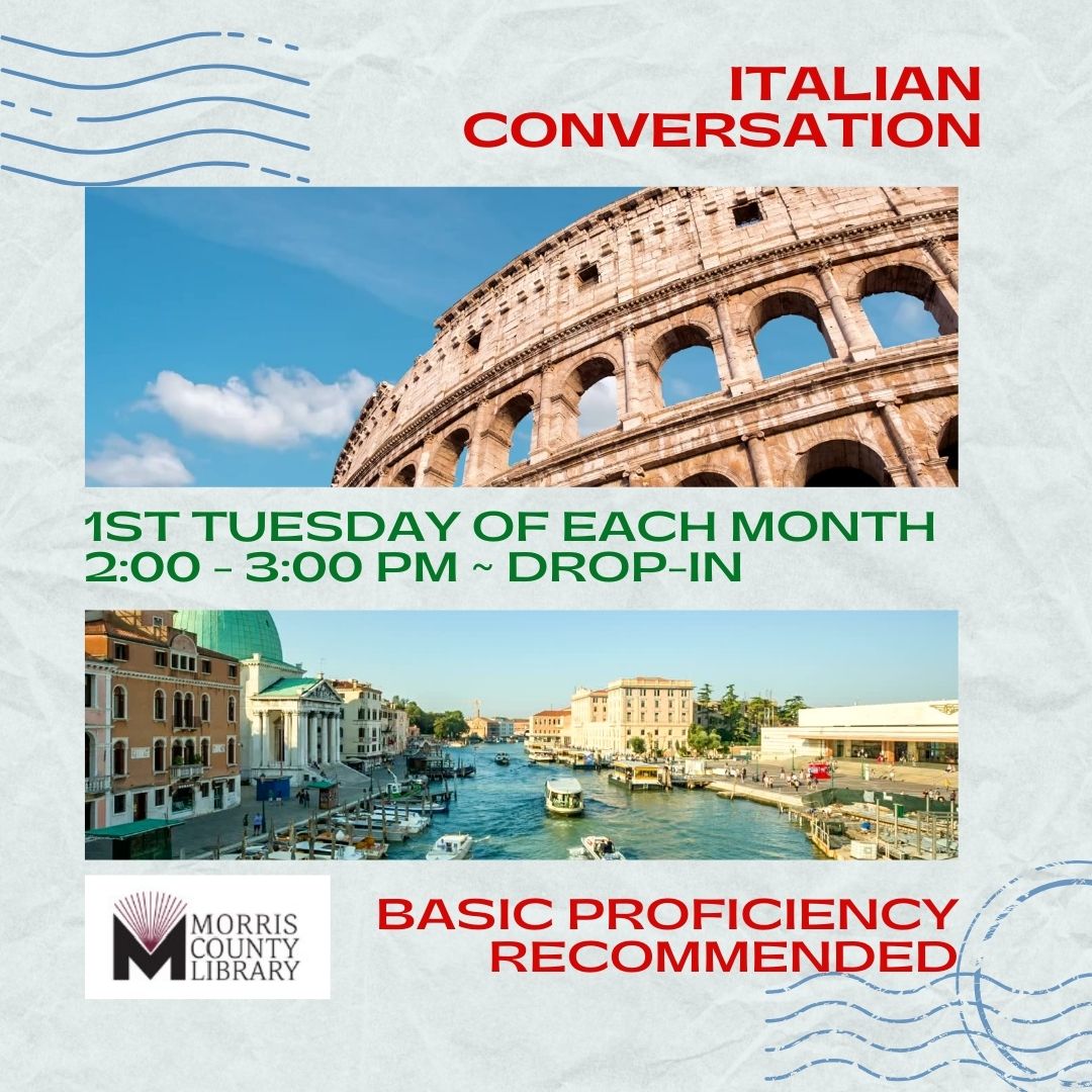 Our Italian Conversation group meets the first Tuesday of each month.  Drop-in.  Next date:

Tuesday, June 4th, 2:00-3:00 p.m.

More info here:

ow.ly/L1tj50Rwzyo
.
.
 #ItalianConversation #ItalianLanguage #MCL #MorrisCountyLibrary #MorrisCounty #MorrisCountyNJ