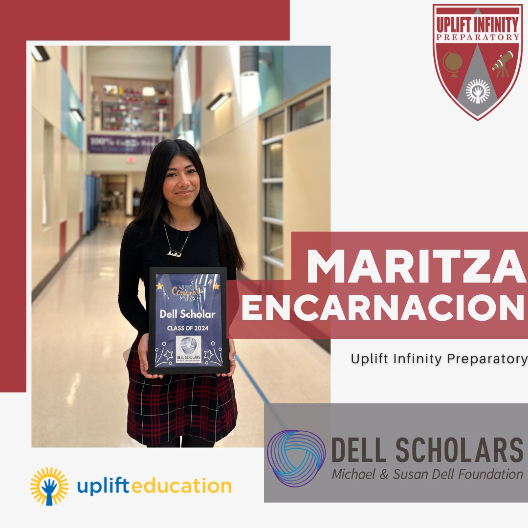 UpliftEducation's tweet photo. 🌟 Exciting news! Maritza Encarnacion from Uplift Infinity is a Dell Scholar! 🎓 Thanks to #DellScholarship, she's geared up with resources like book credits &amp; counseling to achieve her dreams of helping people by becoming a nurse. Congratulations to Maritza! 🎉  

#DellScholar https://t.co/UDYCSotxMv