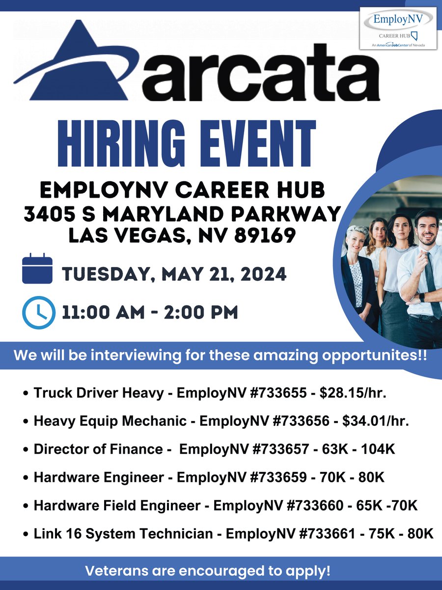 Join us for an Arcata Hiring Event! #HiringEvent

📅 Tuesday, May 21, 2024
📍 Maryland Parkway Career Hub | 3405 S Maryland Parkway, Las Vegas, NV, 89169
🕓 11 am - 2 pm

✔️ Job# 733655
✔️ Job# 733656
✔️ Job# 733657
✔️ Job# 733659
✔️ Job# 733660
✔️ Job# 733661
2w
