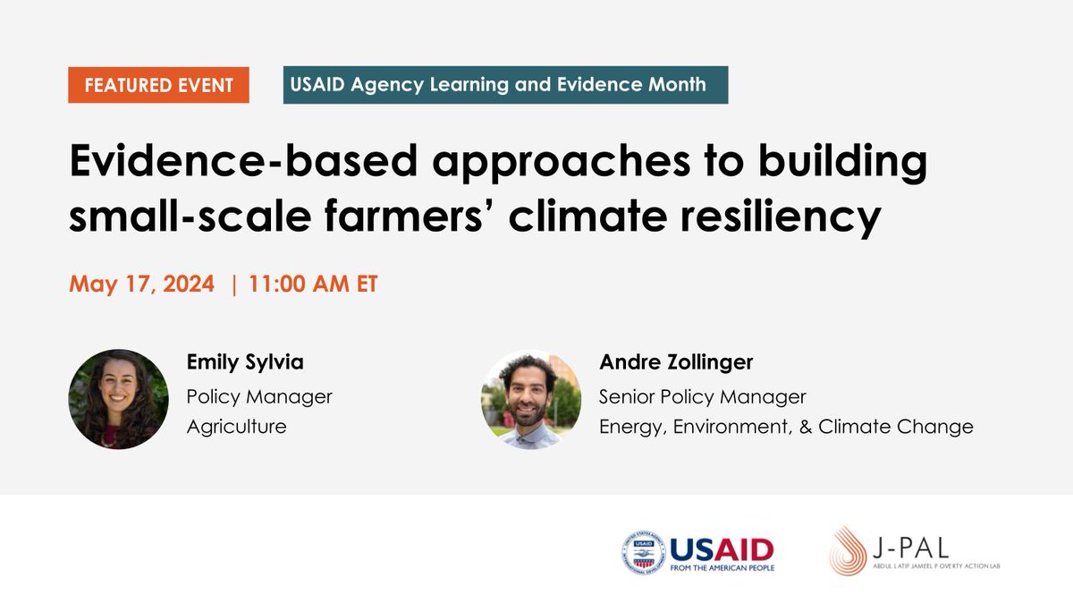 Small-scale farmers are at the core of global food chains & are facing more frequent extreme weather as the climate changes. What helps farmers ⬆️ yields & resilience? On 5/17, join J-PAL staff experts for a @USAID #AgencyLearningAgenda webinar: mit.zoom.us/webinar/regist…