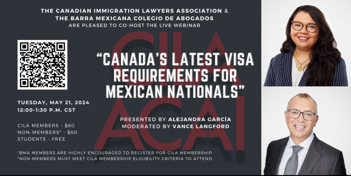 ¿Quieres conocer todo sobre el requisito de visa impuesto por Canadá a ciudadanos mexicanos? No te pierdas este #Webinar organizado conjuntamente por la @CILAvoice y la @BMA_Abogados, en el cual se abordarán los siguientes temas: - Historia de los requisitos de visa de Canadá