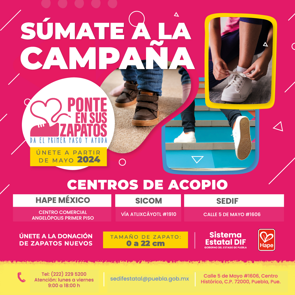 🥰❤️ #Difunde | Porque en #Puebla somos gente de corazón noble, ¡súmate a la campaña #PonteEnSusZapatos del @DIFGobPue! 🧒👟👧 Dona calzado nuevo a niñas y niños de Casas de Asistencia. 👞 De 0 a 22 centímetros. 📍 Centros de acopio: Hape México, @SICOMPueblaMx y #SEDIF.