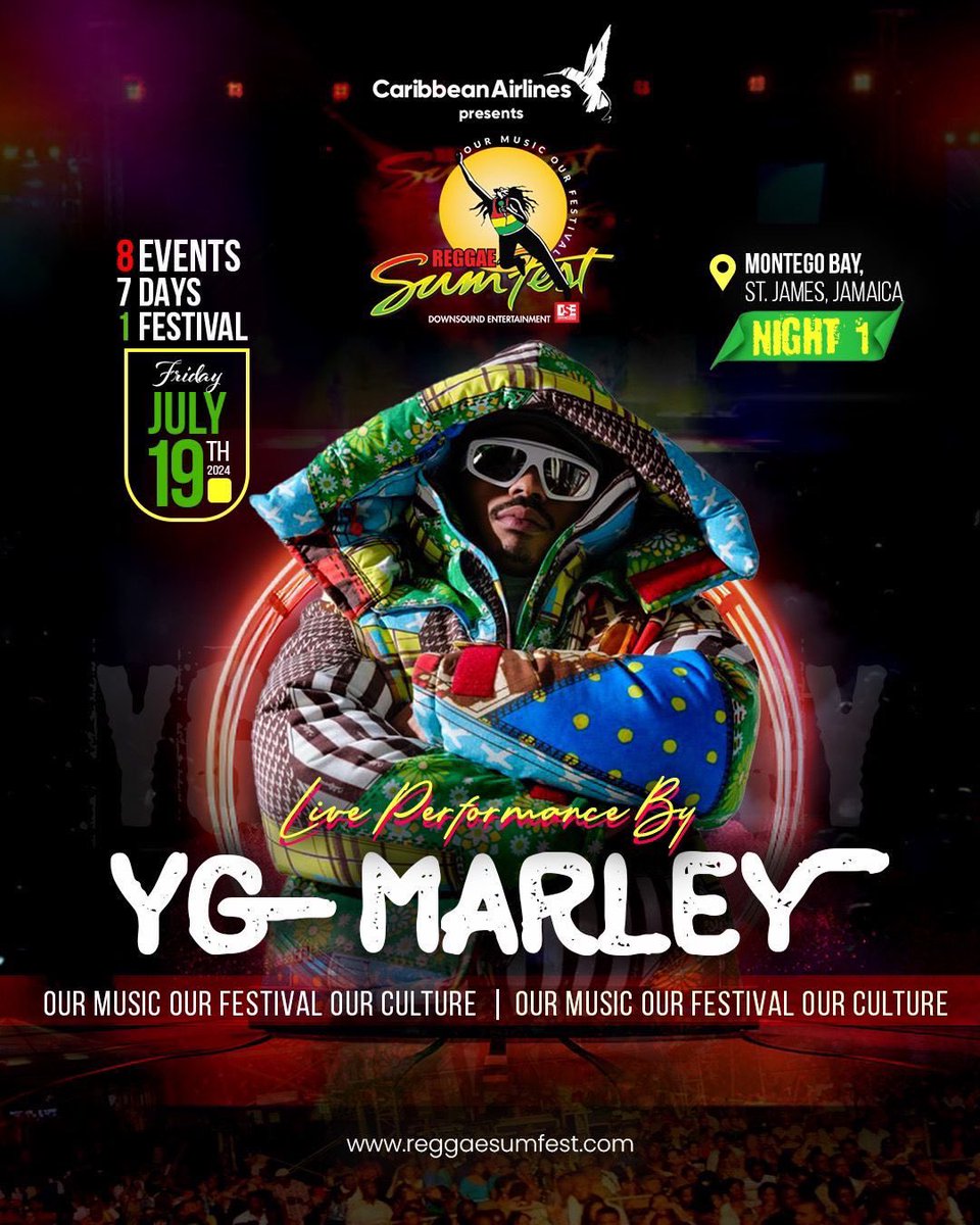 🚨BREAKING NEWS!!!🚨 YG Marley has been added to the Reggae Sumfest line up and is set to takethe stage on Friday, July 19th 2024! To purchase tickets, visit reggaesumfest.co