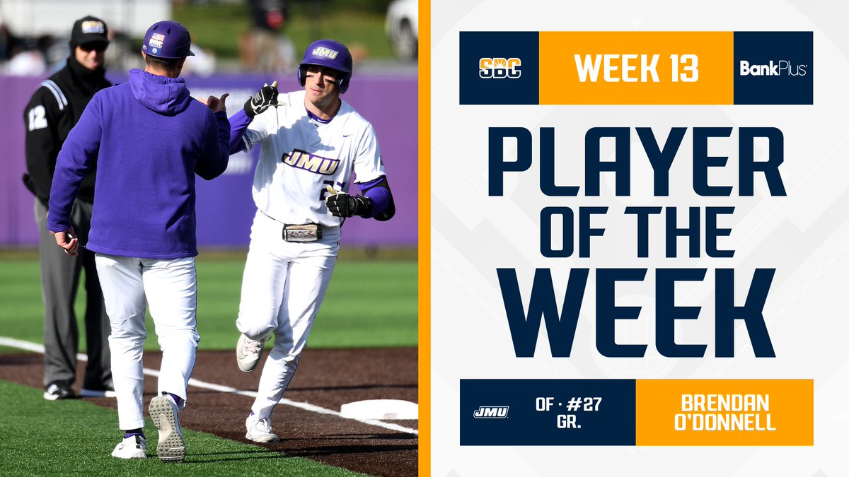 𝗕𝗥𝗘𝗡𝗗𝗔𝗡 𝗕𝗔𝗦𝗛𝗘𝗦. @JMUBaseball graduate student outfielder Brendan O'Donnell hit .667 with two doubles, two triples & a home run en route to the Sun Belt Player of the Week nod, presented by @BankPlus. ☀️⚾️ 📰 » sunbelt.me/4bhqmpM