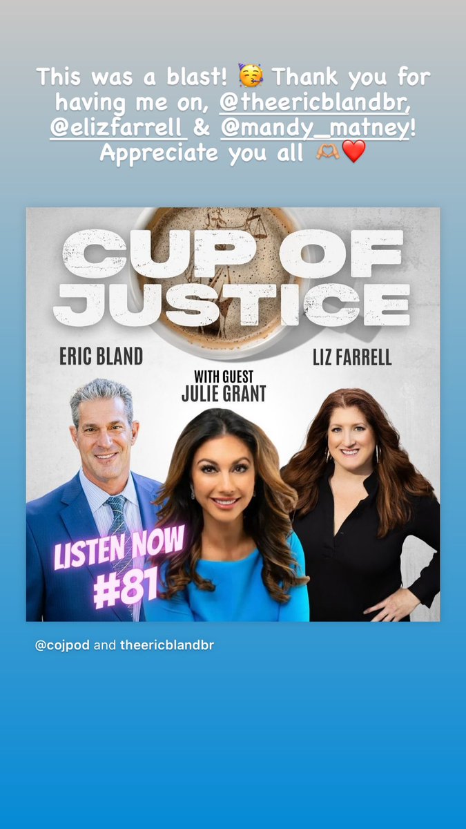 “CUPS UP!” ☕️❤️⚖️ Thanks so much for having me on @cupofjustice, @TheEricBland, @elizfarrell, @MandyMatney & @MosesWanders! Listen here: 🎧 podcasts.apple.com/us/podcast/cup…