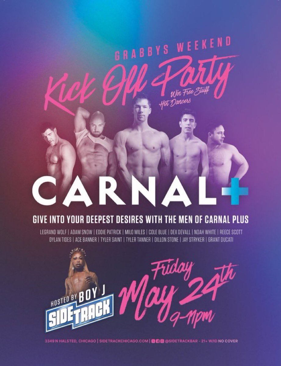 Join us on May 24th 9pm-11pm CST for our fabulous kick off party presented by @RealCarnalPlus. Come hang out with the sexy men of Carnal Plus and celebrate 25 years of The Grabby Awards, hosted by the fabulous Boy. FRIENDLY REMINDER: While admission is free you must bring a valid