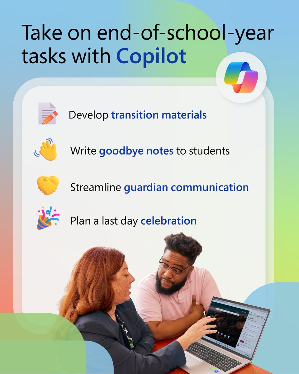 Turn end-of-school-year to-dos into to-dones. ✅ With Copilot here to lighten your load, you can focus more on celebrating your students' next chapter. Start prompting: msft.it/6019YXgEN #MicrosoftEDU #AI