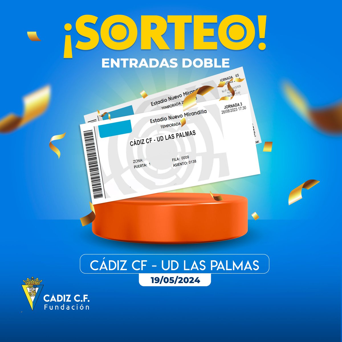 🚨 ¡¡¡𝗦𝗢𝗥𝗧𝗘𝗢!!! 🚨 ¡Disfruta del último partido en casa #CádizLasPalmas de la temporada! 🎟️ ➕ Seguir a @Cadiz_Fundacion 💛 Me gusta a la publicación *Comunicaremos el/la ganador/a este viernes ¡𝙼𝚄𝙲𝙷𝙰 𝚂𝚄𝙴𝚁𝚃𝙴! 🍀