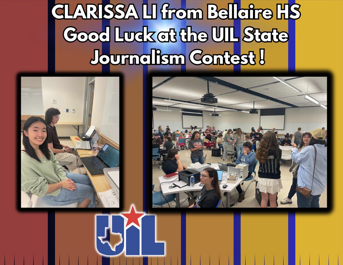 Clarissa Li from Bellaire HS is competing at the UIL State Journalism Contest today in Austin. Good luck, Clarissa! @HoustonISD @BellaireHigh