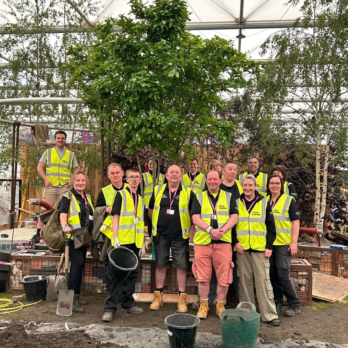 #ChelseaFlowerShow Garden update! It's all go go go on site... ✅ Distributing soil ✅ Adding the fire hose to the central structure ✅ Laying recycled paving slabs ✅ Filling gabions with repurposed materials ✅ Repotting plants delivered by @nottsfire ✅ Prepping our wormery