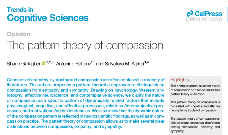 The pattern theory of compassion Opinion by Shaun Gallagher, Antonino Raffone, and Salvatore M. Aglioti tinyurl.com/2mm8m445