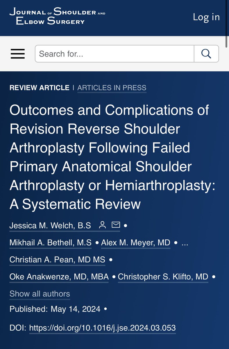 New publication in @JsesFamily! 📝

Check out our systematic review on revision reverse shoulder arthroplasty following primary anatomical shoulder arthroplasty or hemiarthroplasty! #orthotwitter @DukeOrtho

tinyurl.com/4aazhnsb