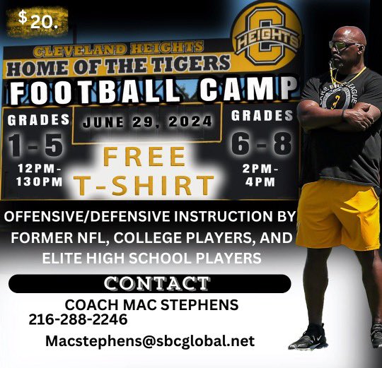 June 29th grades 1-5 Noon until 1:30 and grades 6-8 2:00 until 4:00…only $20 ⚫️🏈🟡