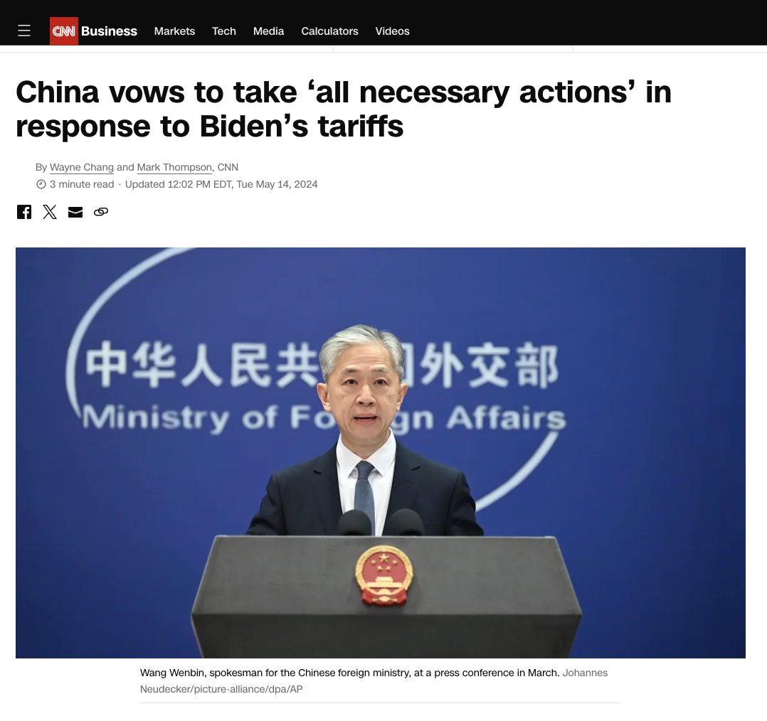 Biden't tariffs on imports from China: everyone keeps talking about cooking oil (pfff). What about Beijing's response to US tariffs targeting industries considered strategic by them? Any chance that those 'necessary actions' will have an impact on #corn and #soybeans shipments…