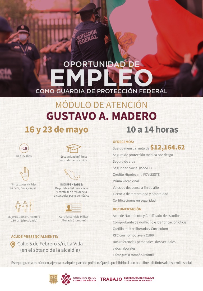 Si vives en Gustavo A. Madero, los días 16 y 23 de mayo el @spf_sspc realizará reclutamientos para guardias de protección federal. 👮🏽‍♀️👮🏽♂️🚔 ✅ Calle 5 de febrero s/n, La Villa 🕐 10:00 a 14:00 horas #TrabajoEnLaCiudad