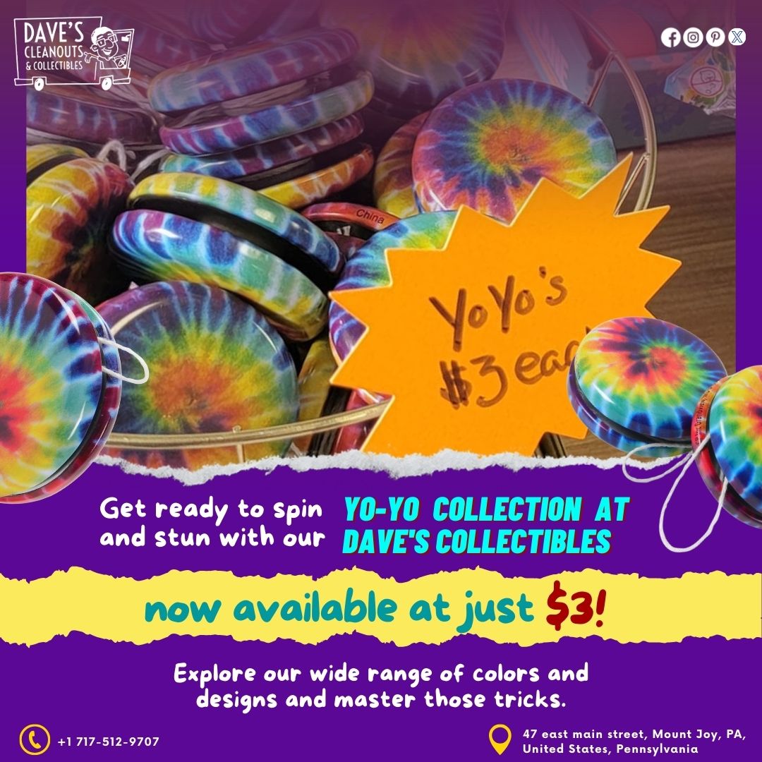 Call Us Now: +1 717-512-9707
Visit Us: 47 East Main Street, Mount Joy, PA, United States, Pennsylvania

#daves #cleanouts #collectibles #vintage #retro #yoyo #spins #designs #range #available #master #collection #widerange #tuesdaytips