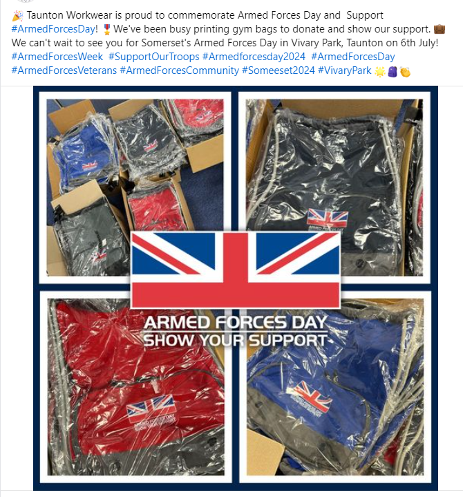 Thank you so much to @TauntonWorkwear for creating the gym bags to commemorate Somerset Armed Forces Day this year on the 6th of July. We are really looking forward to having you with us on the day.