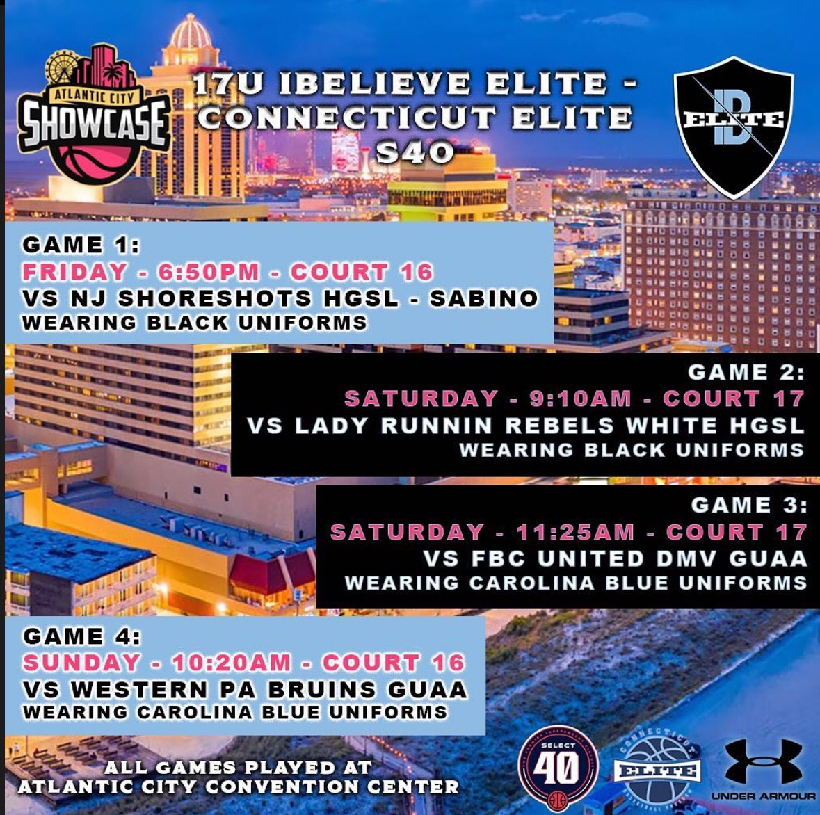 This weekend’s schedule for 📍Atlantic City Showcase!! Can’t wait to compete with my team VS some great competition in the Select 40!! @ibelieve_elite @SelectEventsBB 🔥🔥