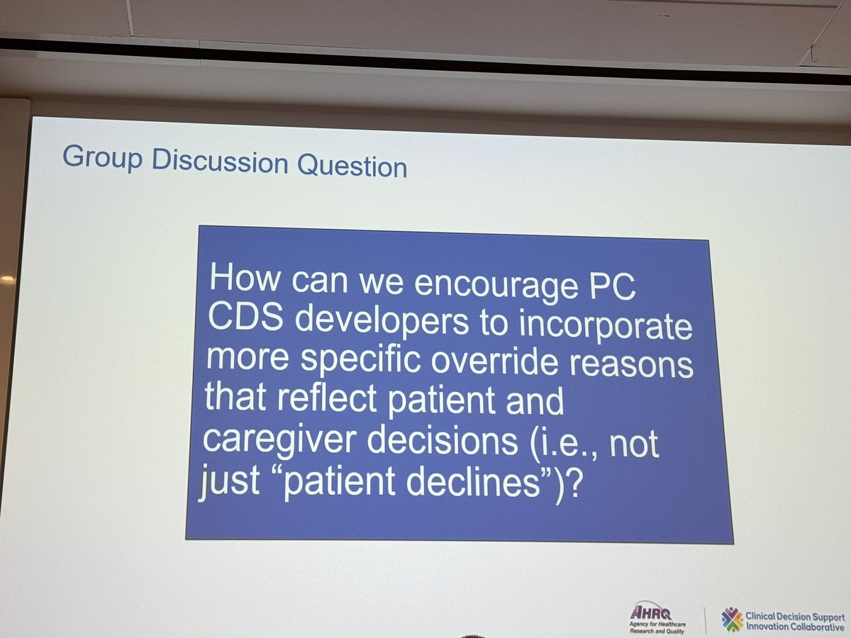 Posing this question to all my chronic illness peeps…

How can we encourage patient-centered clinical decision support (PC CDS) developers to include more specific override reasons that reflect our decisions about treatment (& not just 'patient declines')? #CDSiC