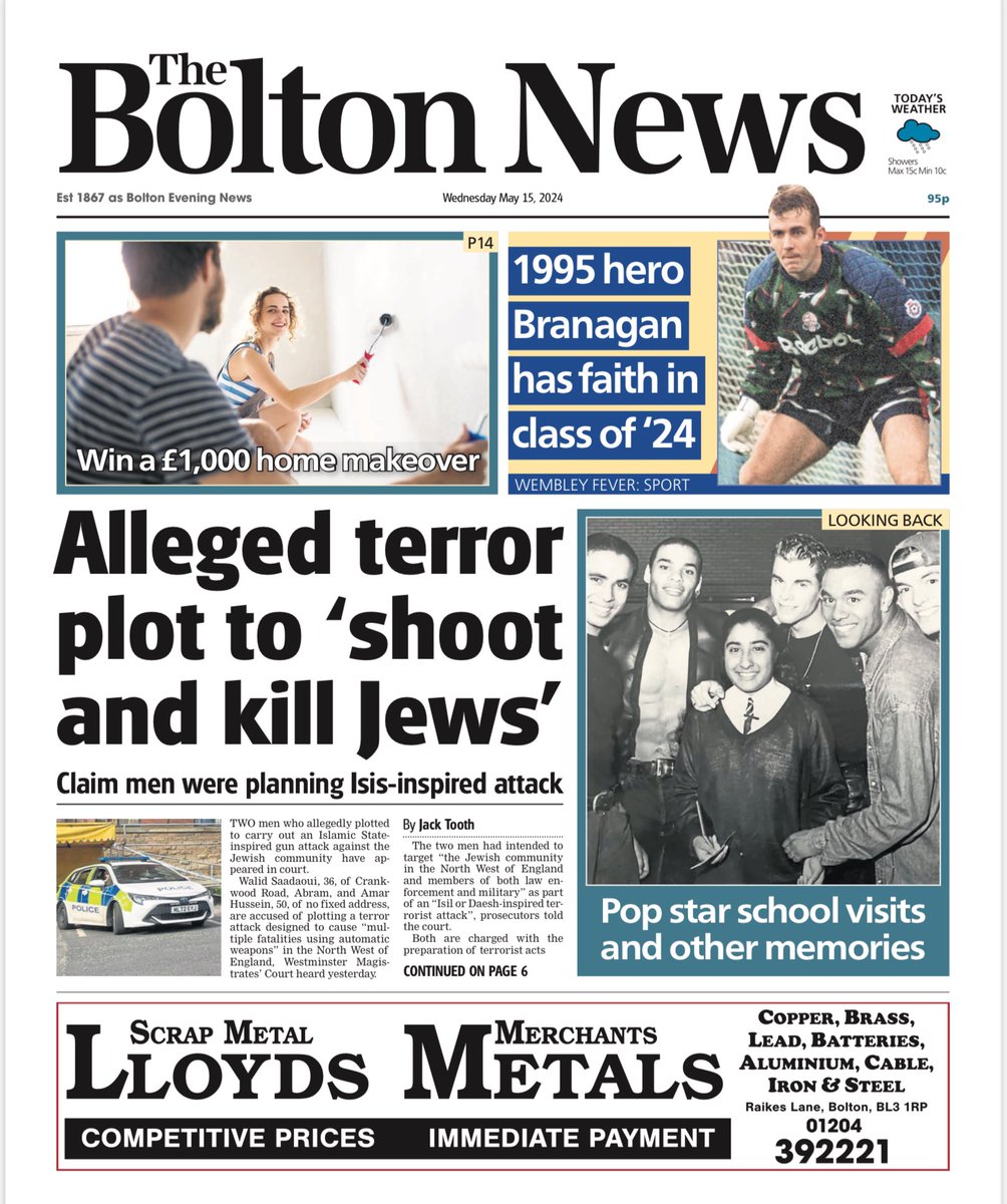 Introducing #TomorrowsPapersToday from:

#TheBoltonNews 

Alleged  terror plot to shoot and kill jews 

Check out tscnewschannel.com/the-press-room… for more of Wednesday's newspapers.

#buyanewspaper  #TomorrowsPapersToday #buyapaper #pressfreedom #journalism