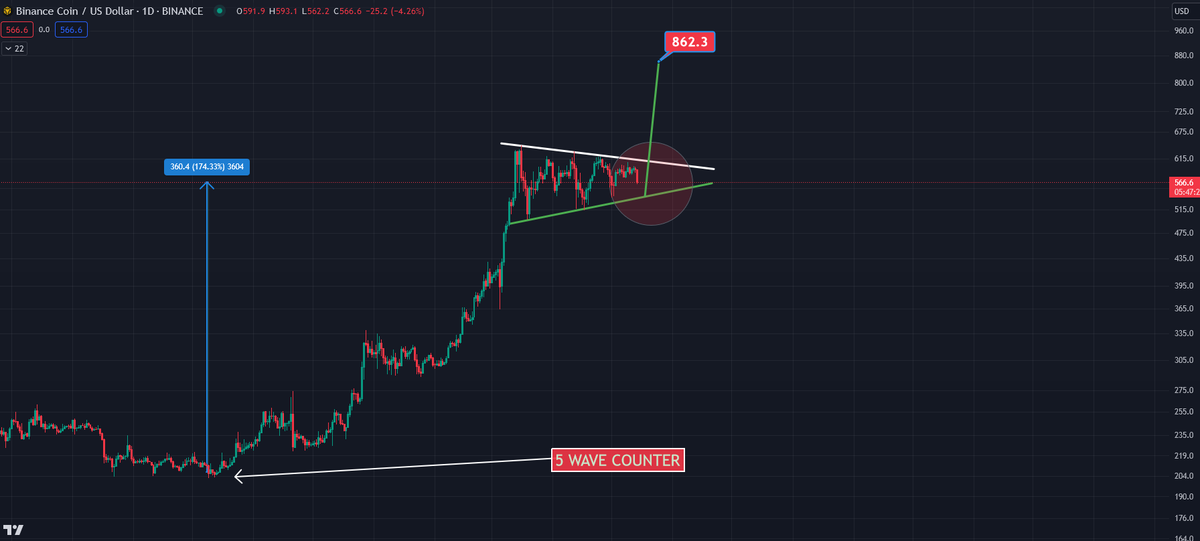 I'm still holding onto my 5 wave counter entry point I relayed to you last year at around $206 for #bnb.

We may have a daily bull pennant forming here for #binancecoin.
Something will give soon, as always compression leads to expansion.

#Binance #crypto #bitcoin