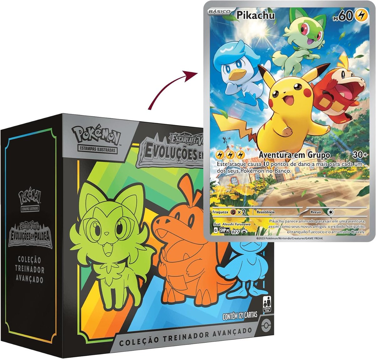 O box de Pokémon TCG Evoluções Em Paldea que vem a carta holográfica do Pikachu com os iniciais tá em oferta na Amazon de R$369 por R$234 + frete grátis em 4x no Zeldo amzn.to/3yo5w9K