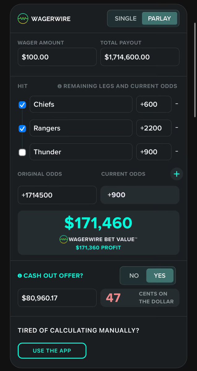 🚨UPDATE: Wayne just cashed out his $100 to win $1.7m Thunder parlay for $80k… a cashout offer $90,500 below the bets full value of $171,460 wagerwire.com/calculator