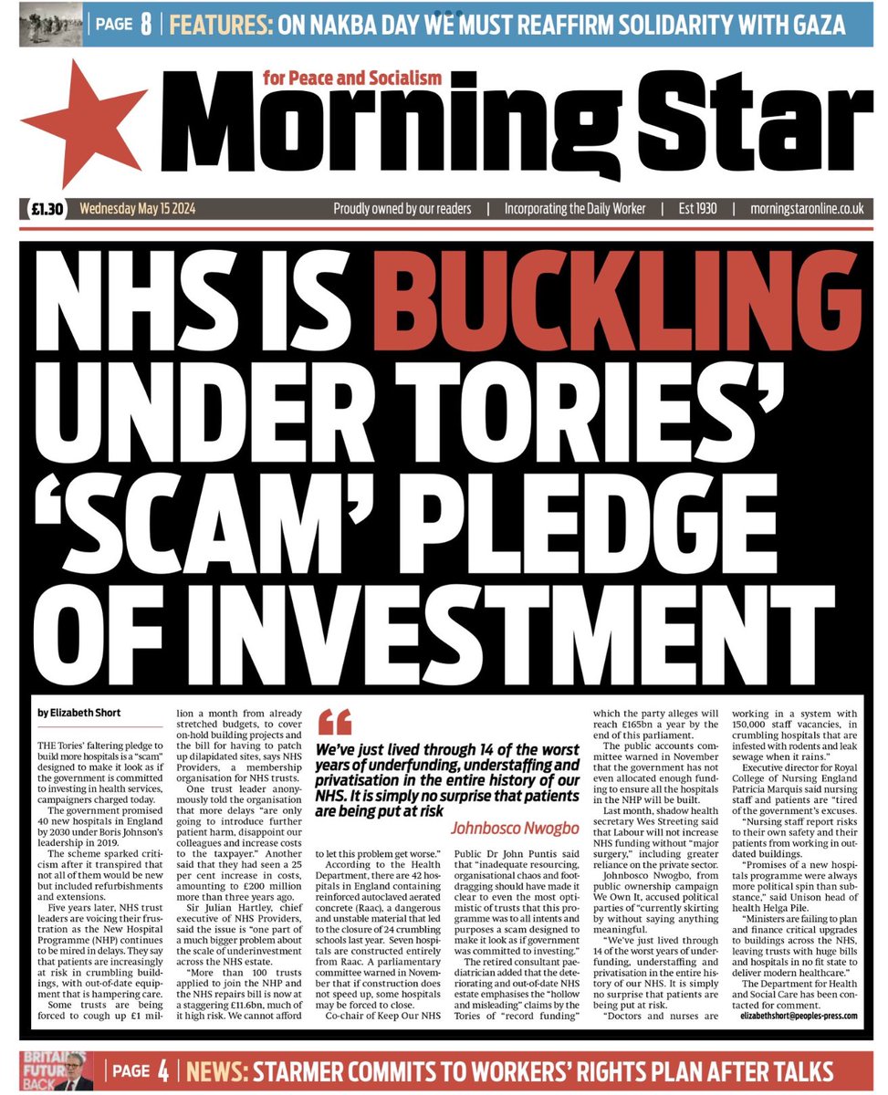 Introducing #TomorrowsPapersToday from:

#MorningStar

NHS is buckling under Tories scam pledge of investment 

Check out tscnewschannel.com/the-press-room… for more of Wednesday's newspapers.

#buyanewspaper  #TomorrowsPapersToday #buyapaper #pressfreedom #journalism