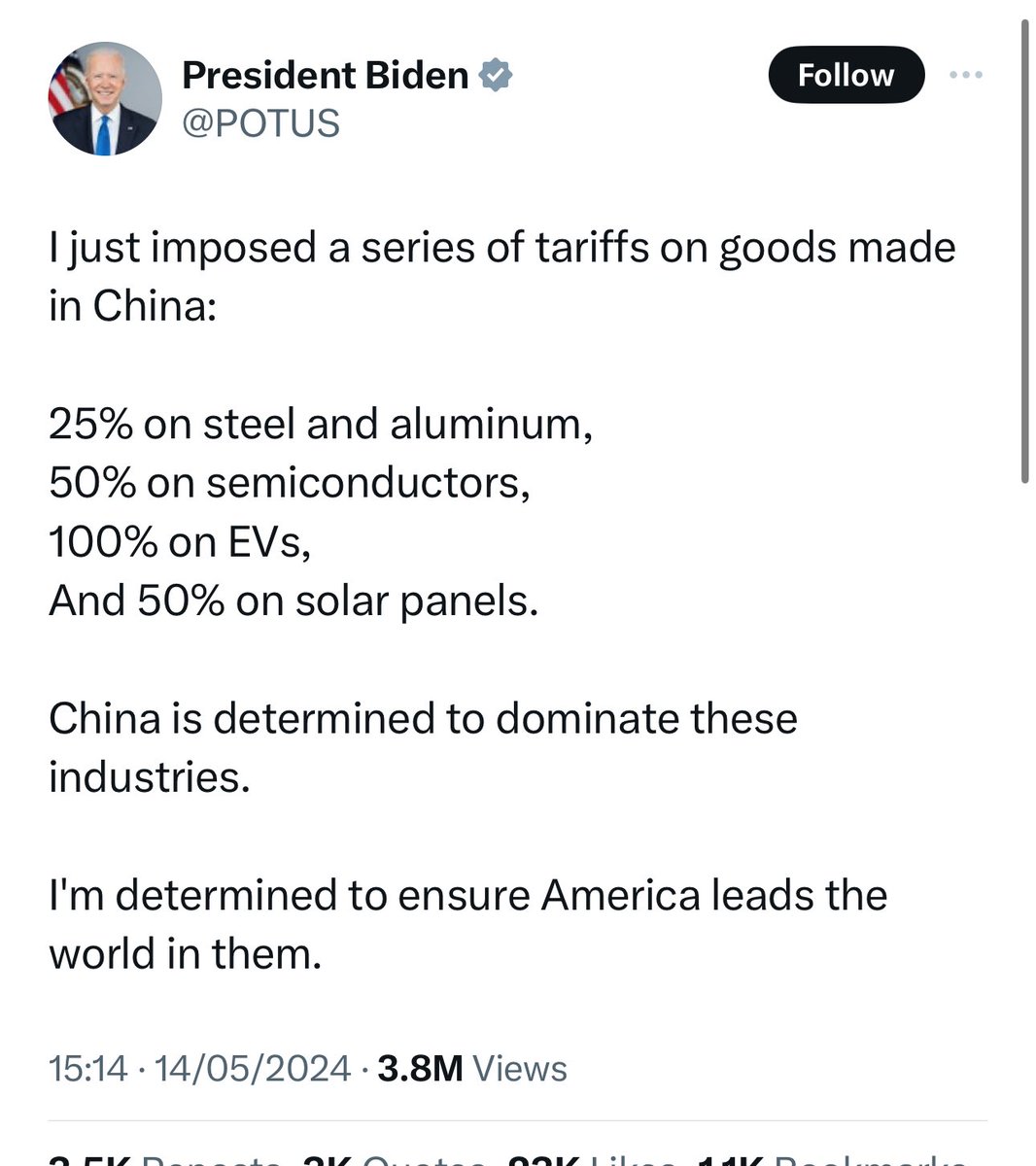 Biden’s 2019 post on the folly of Trump’s tariffs on China versus Biden’s announcement today of tariffs on China. 🤷