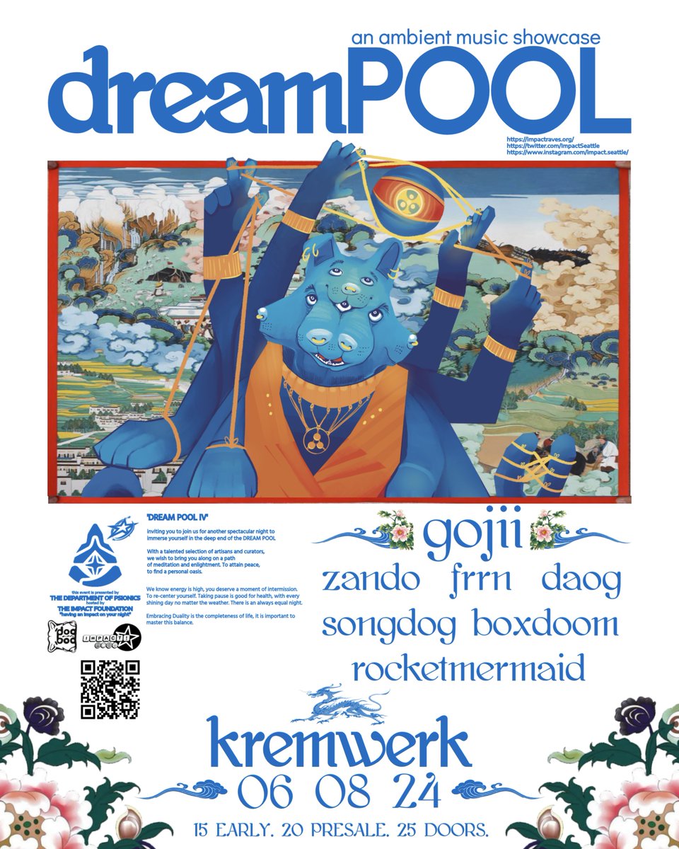 ImpactSeattle's tweet photo. Happy Tuesday, here are our next two events!

First, Happy Barkcore, anniversary edition, fundraising for the launch of our artist grant and mutual aid system.

And then a return to the Dream Pool for all our sacred dreamers.
🎟️👇 https://t.co/AFTCAg0kZ0
