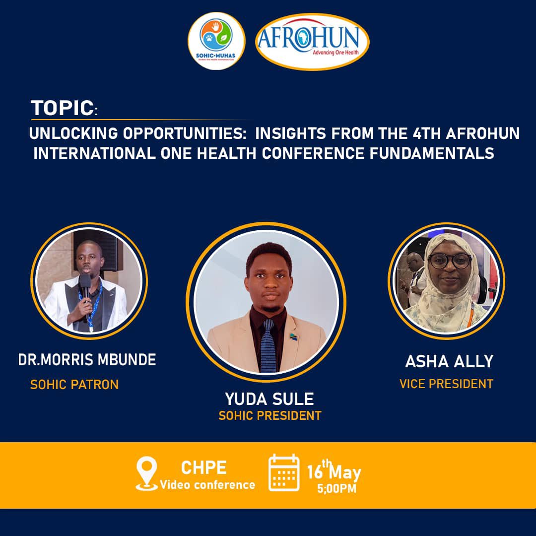Join us in this thursday as we speak of SOHIC and the opportunities students can utilize from the club. Also we look forward sharing what we presented on the 4th AFROHUN International One Health Conference as a club held in Nairobi Kenya from 24-26 April