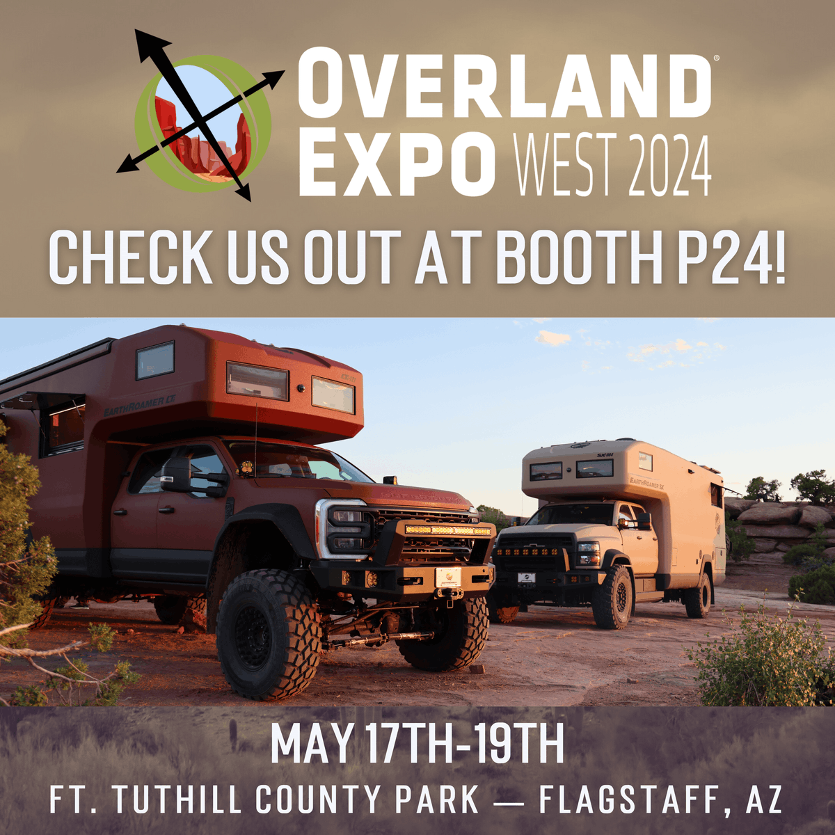 It's almost time for Overland Expo West 2024! You can find us in booth P24 — see you there 🤟 · · · #earthroamer #offroad4x4 #expeditionvehicle #campinglife #overlanding #4x4life #4x4trucks #vanlife #vanlifeadventures