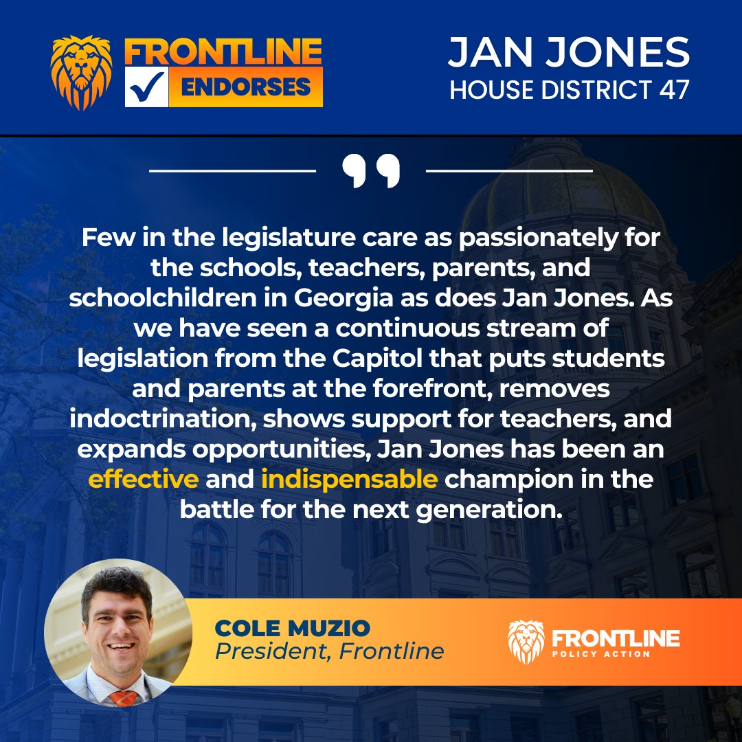 'Few in the legislature care as passionately for the schools, teachers, parents, and schoolchildren in Georgia as does @JanJonesGA.' - @ColeMuzio #HD47