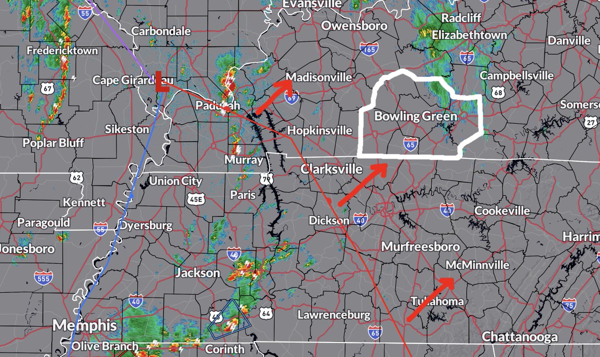 1:20p - Eyes on the warm front lifting toward the area. This is helping spawn scattered strong storm cells from western KY southward into TN. #kywx