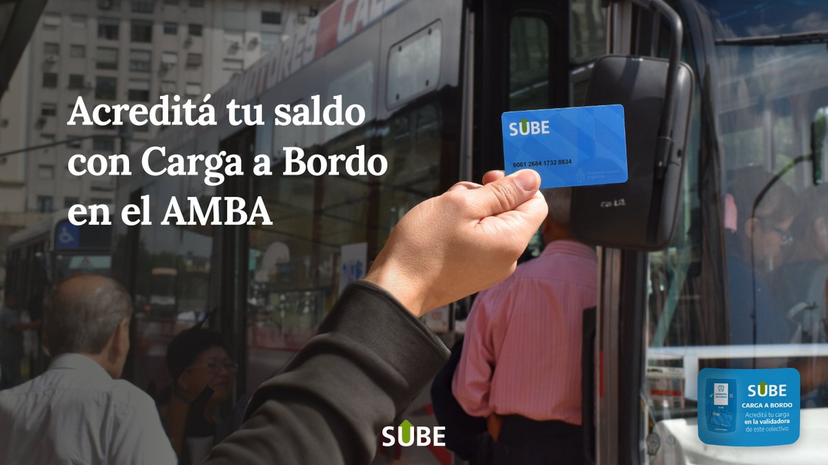 Acreditá tus cargas electrónicas en los colectivos del AMBA con #CargaABordo 🚍 👉Si cargaste saldo de manera virtual indicale al chofer que tenés una carga para acreditar y acercá tu tarjeta a la validadora. 💳Indicá tu destino y volvé a apoyar tu #SUBE para abonar el pasaje.