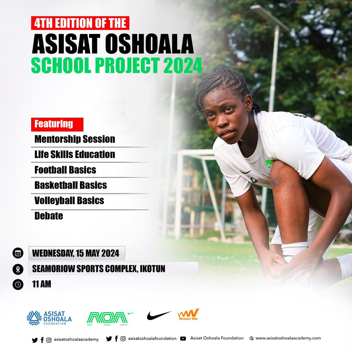 Thrilled to announce the 4th edition of the Asisat Oshoala Academy School Project! 🌟 Join us @SEAMORIOW sports complex Ikotun, for an inspiring day filled with sports, leadership, and life skills sessions, alongside mentorship opportunities. Powered by @Nike #SchoolProject