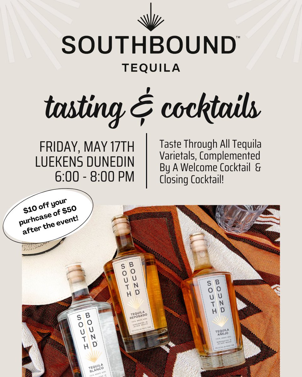 Join us this FRIDAY for an Amazing Tasting & Cocktails Event with Southbound Tequila 🥃 For only $20, indulge in a tasting of Southbound's incredible tequilas, enjoy a welcome cocktail, and end the evening with a special closing cocktail. Purchase a ticket now on our website!