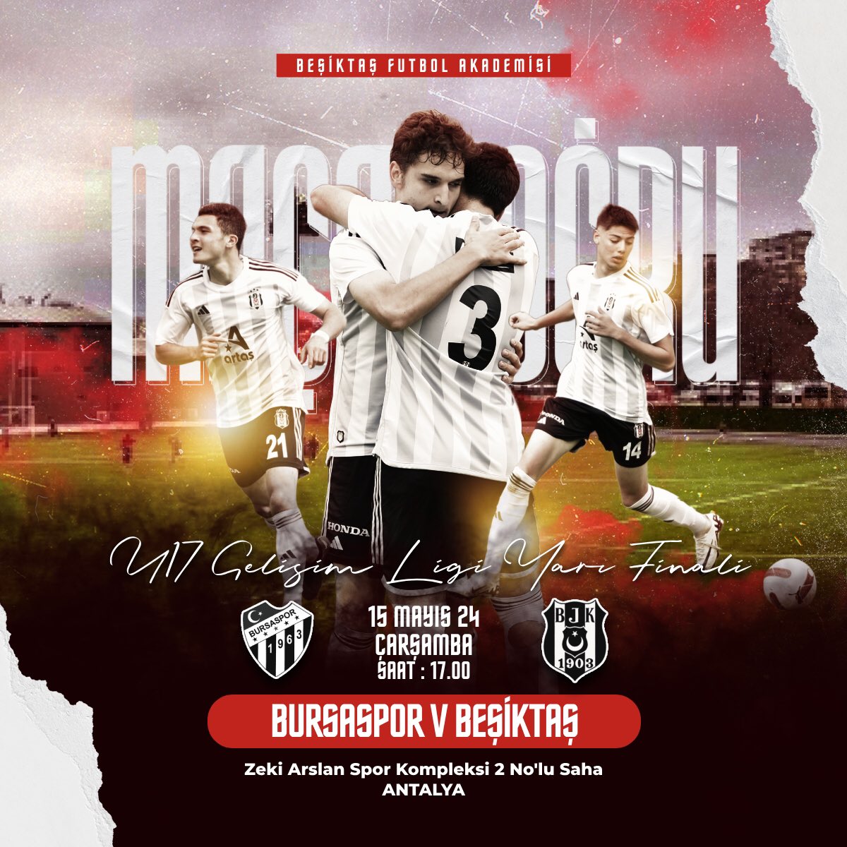 📣 Beşiktaş Artaş U17 Akademi Takımımız, U17 Gelişim Ligi Yarı Final maçında Çarşamba günü (yarın) saat 17.00’de Zeki Arslan Spor Kompleksi’nde Bursaspor ile karşılaşacak. #KupayaKanatlan | #GeleceğinKartalları 🦅