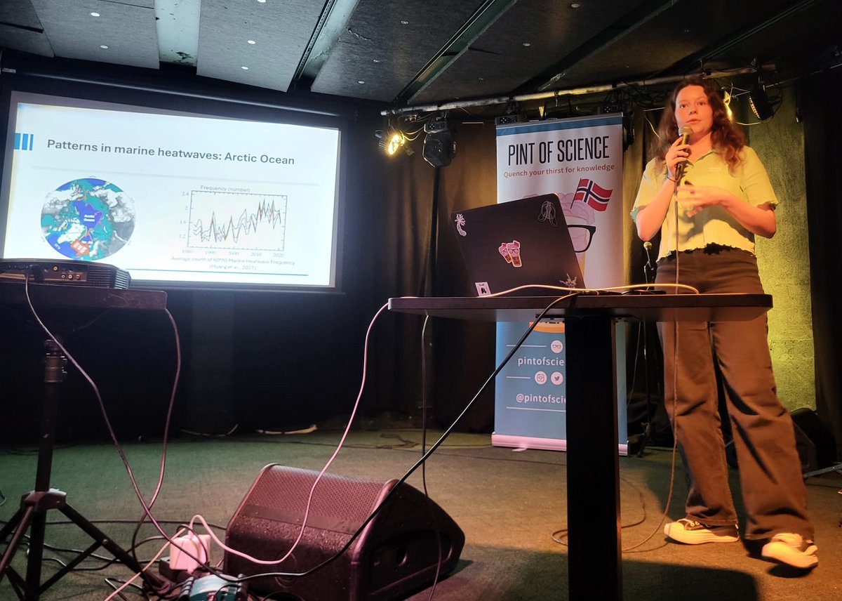 Heatwaves do not only happen on land - they also happen in the sea 🌊 PhD candidate Marianne Williams-Kerslake from @Nansensenteret shared her knowledge of these increasingly frequent events, and their consequences on biodiversity in the Arctic 🔥❄️ #pint24 @pintofscienceNO