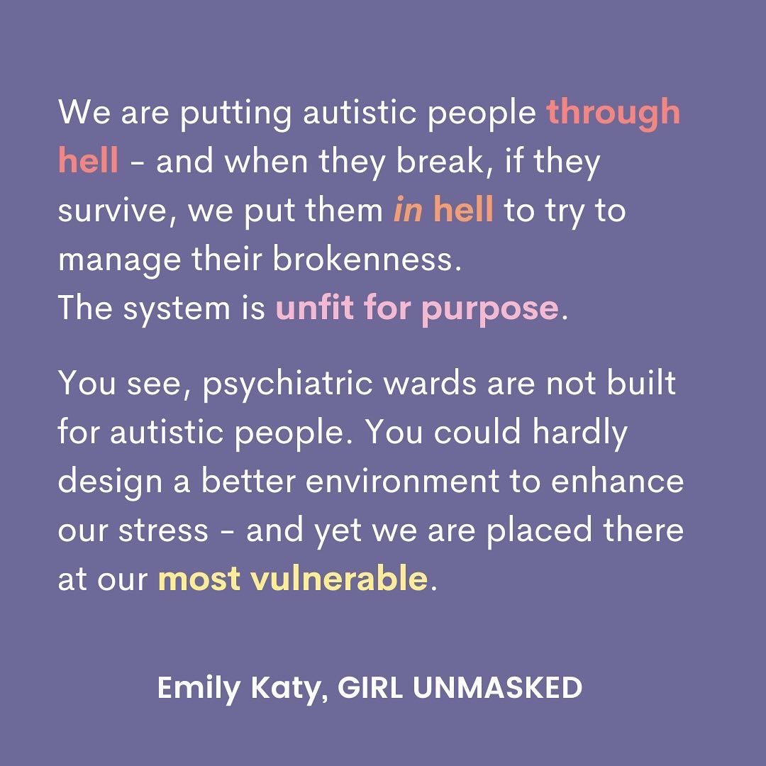 It’s #MentalHealthAwarenessWeek so can we talk about the number of autistic people detained in mental health hospitals all over the country? Many of whom end up stuck there for years, trapped in cycles of distress and trauma. 

An excerpt from #GirlUnmasked.